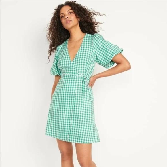Old Navy Waist-defined Puff-sleeve Gingham Mini Wrap Dress - Picture 2 of 3